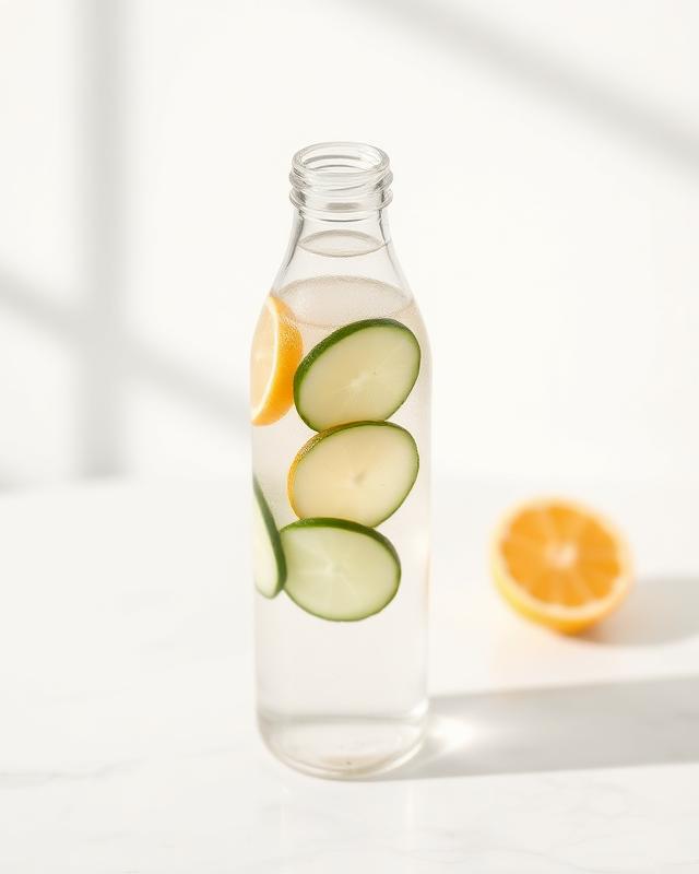 Garrafa de água com limão e pepino, momento de hidratação