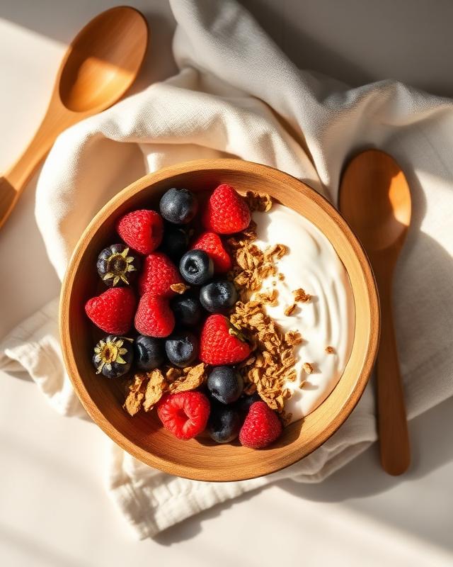 Tigela de frutas vermelhas e granola, refeição leve