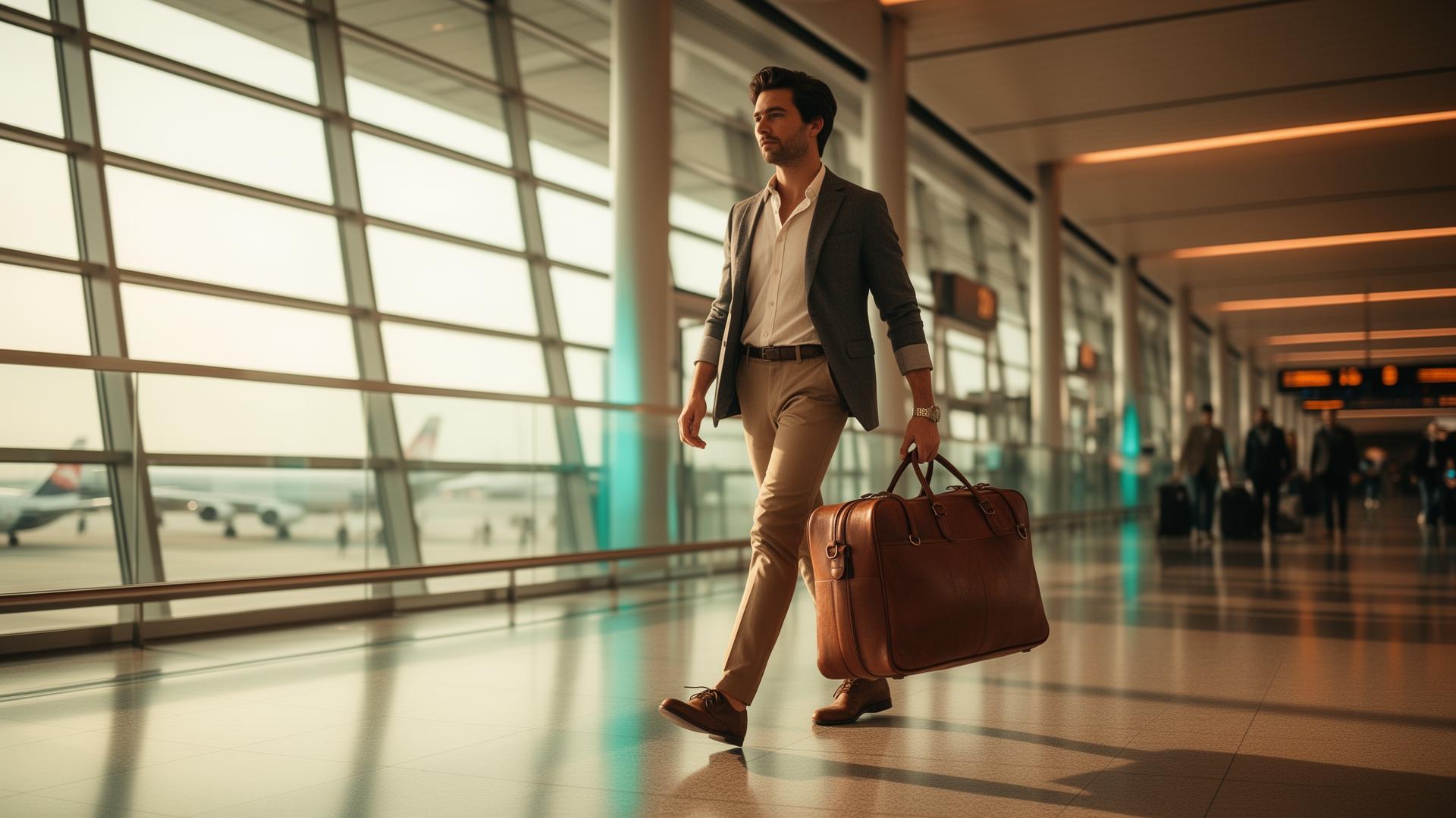 Viajante em movimento por um terminal moderno